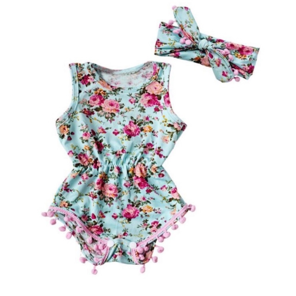 Baby Girl Green Floral Pom Pom Romper Jumpsuit & Tiara 2pcs Set
